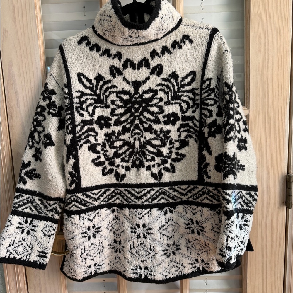 Anthropologie Black & Cream Fair Isle Turtleneck Sweater